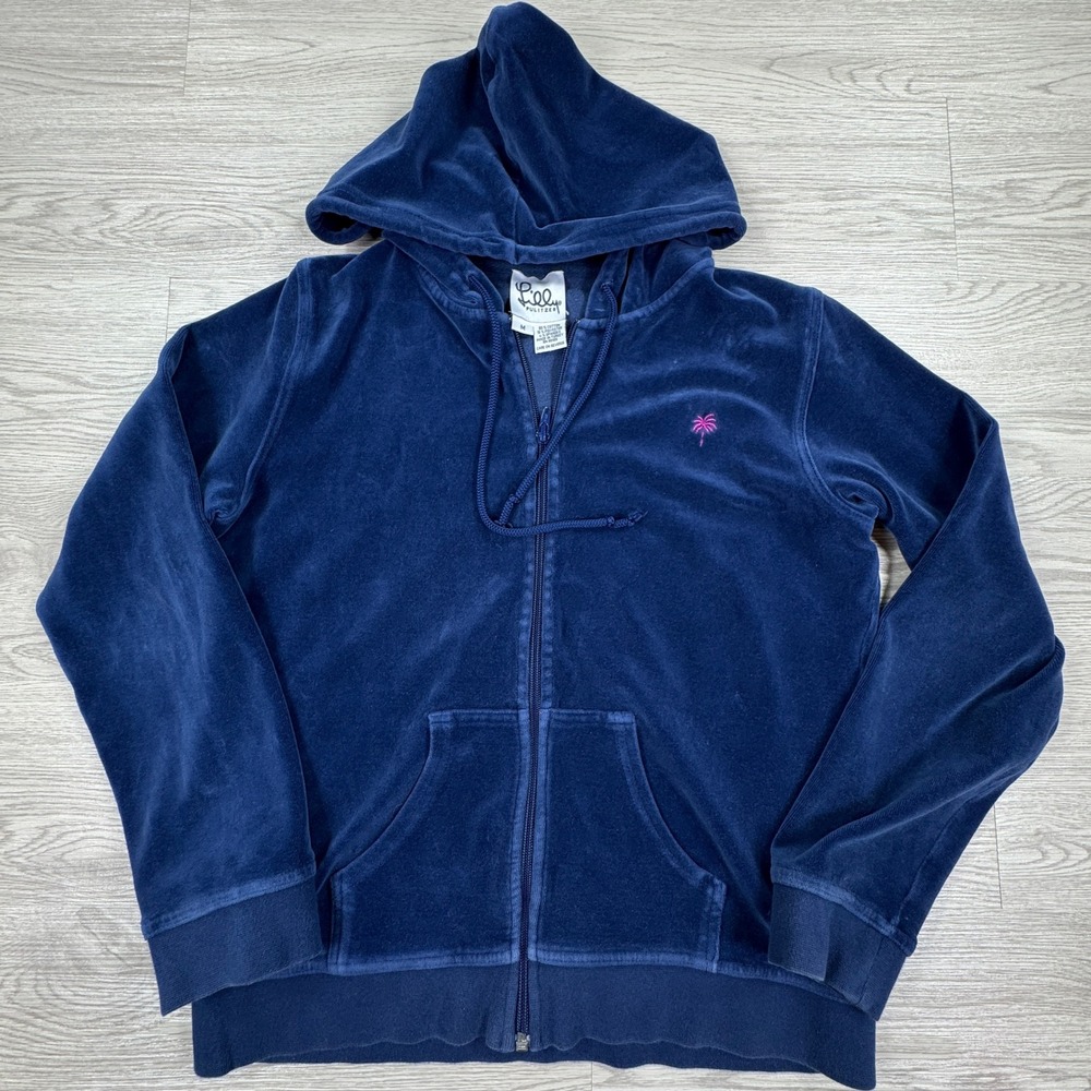 Lilly Pulitzer Women's Hoodie Jacket Velour Zip‎ Up Navy Blue Medium Palm Tree